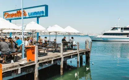 people eating at a restaurant on the harbour